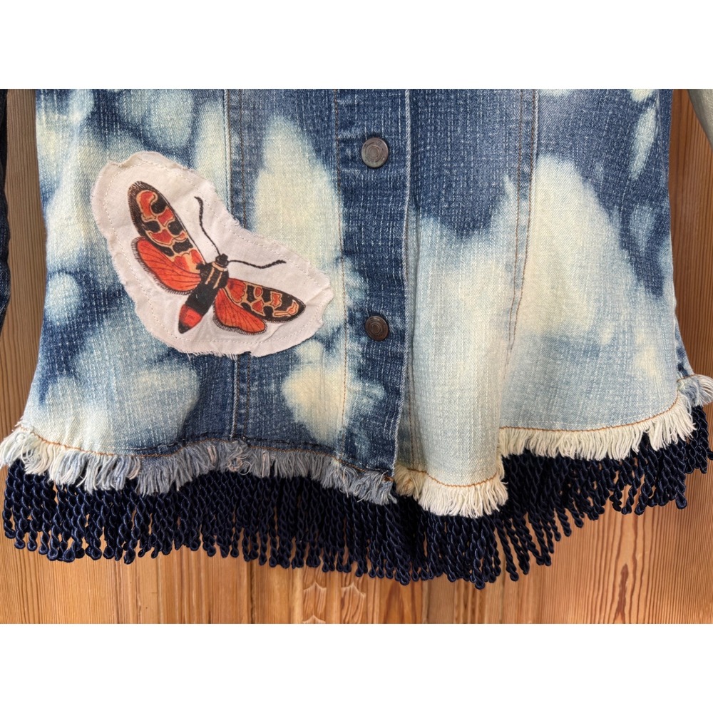 Upcycled Butterfly Jean Jacket | Bleached Fringe Denim | Size S - Picture 7 of 11